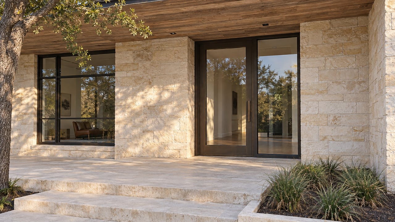Sunlight across a limestone home entrance with bronze-framed glazing, an oak soffit and a stone approach beside sedges.