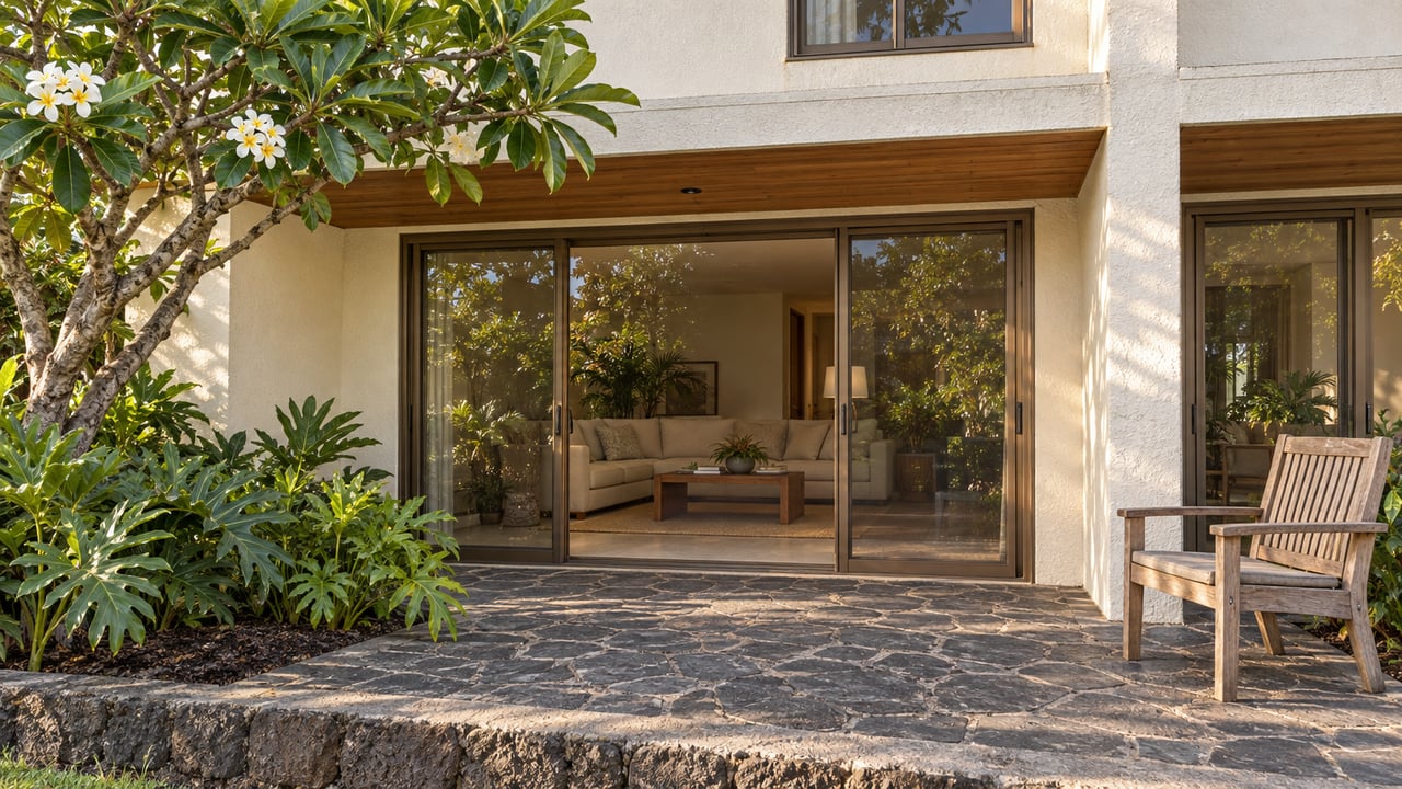 A shaded condo terrace with volcanic-stone paving, bronze-framed glass doors, timber eaves and a sculptural flowering tree.
