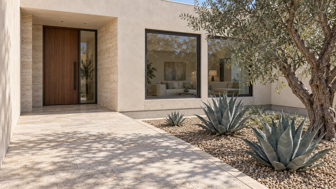 Elevated view of a contemporary stucco home with a limestone entry, walnut door, dark-framed windows and olive-and-agave landscaping.