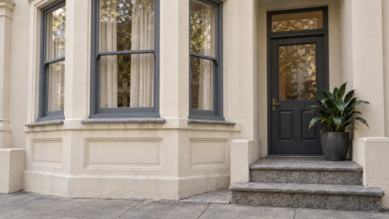 Ivory stucco home with a gray-blue timber bay window, recessed charcoal door, and worn granite entry steps.