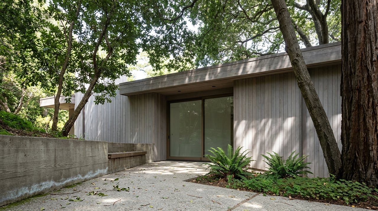 Hillside home's cedar facade behind curving concrete path, framed by redwood trunks and dappled canopy.