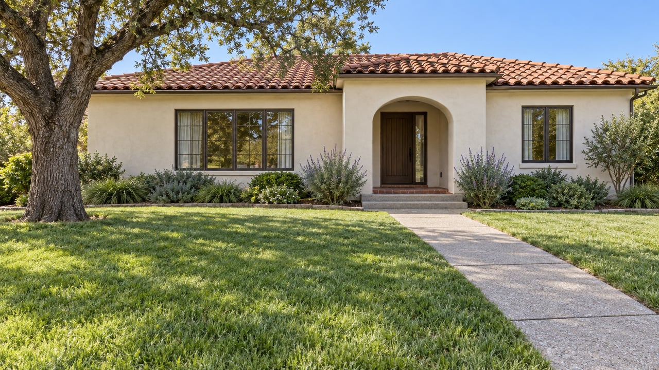 Ivory stucco home with a clay tile roof, recessed arched entrance and a deep front lawn beneath a spreading oak.