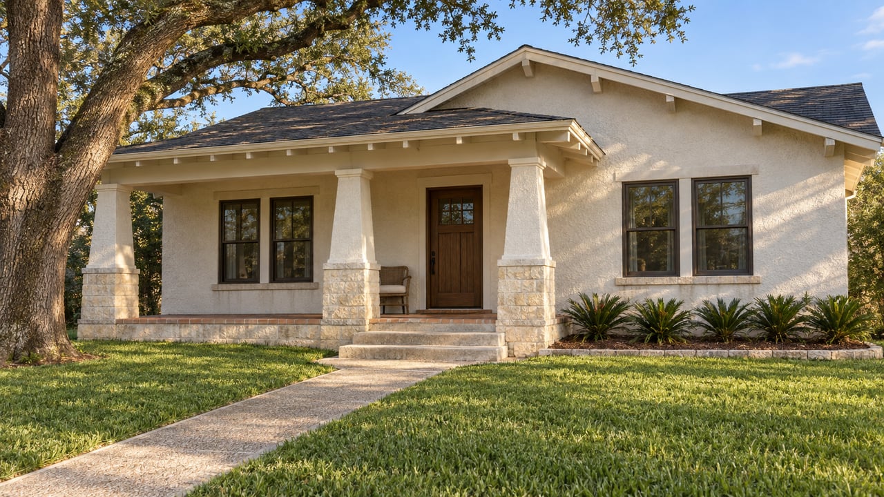 Warm-white stucco bungalow with a shaded tiled porch, limestone column bases, a deep front lawn, and a spreading live oak.