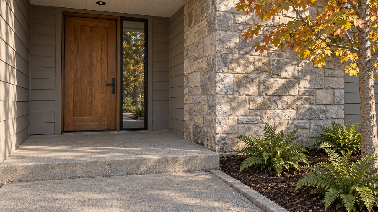 Afternoon light across a recessed oak front door, limestone wall and concrete entry beside autumn maple leaves and evergreen ferns.