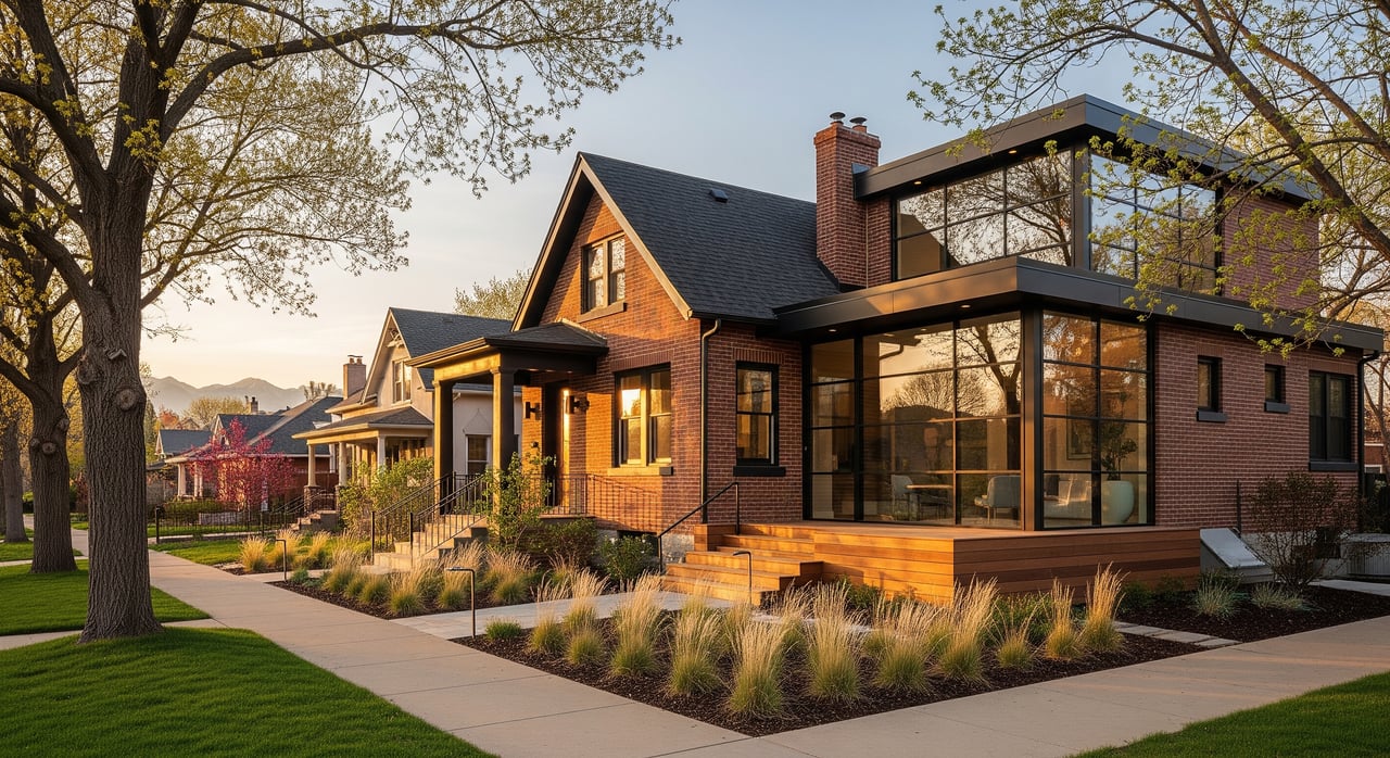 Modern brick-and-glass house with a steep gabled roof, landscaped grasses, and a sidewalk beneath leafy trees.