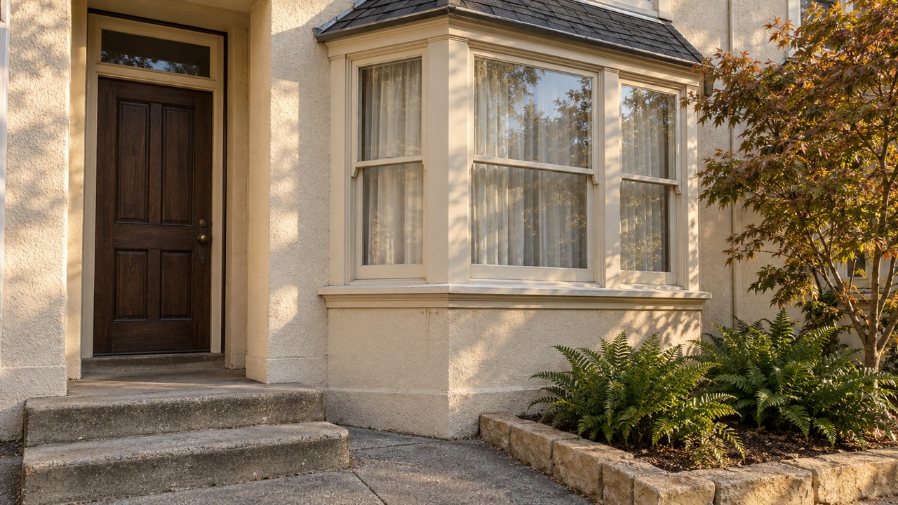 Stucco house entrance with a dark paneled door, bay window, and planted stone border.