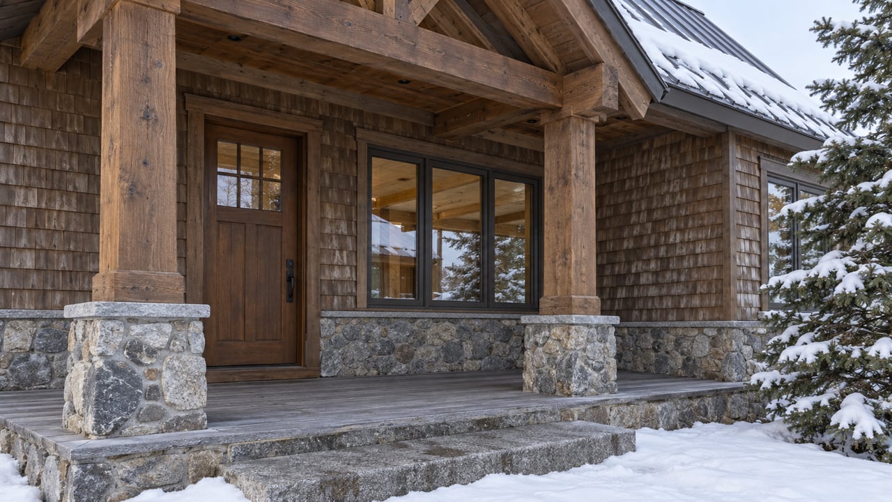 Covered timber porch with cedar shingles, a glazed wood entry door, broad window, stone foundation, and light snow beside a mature spruce.
