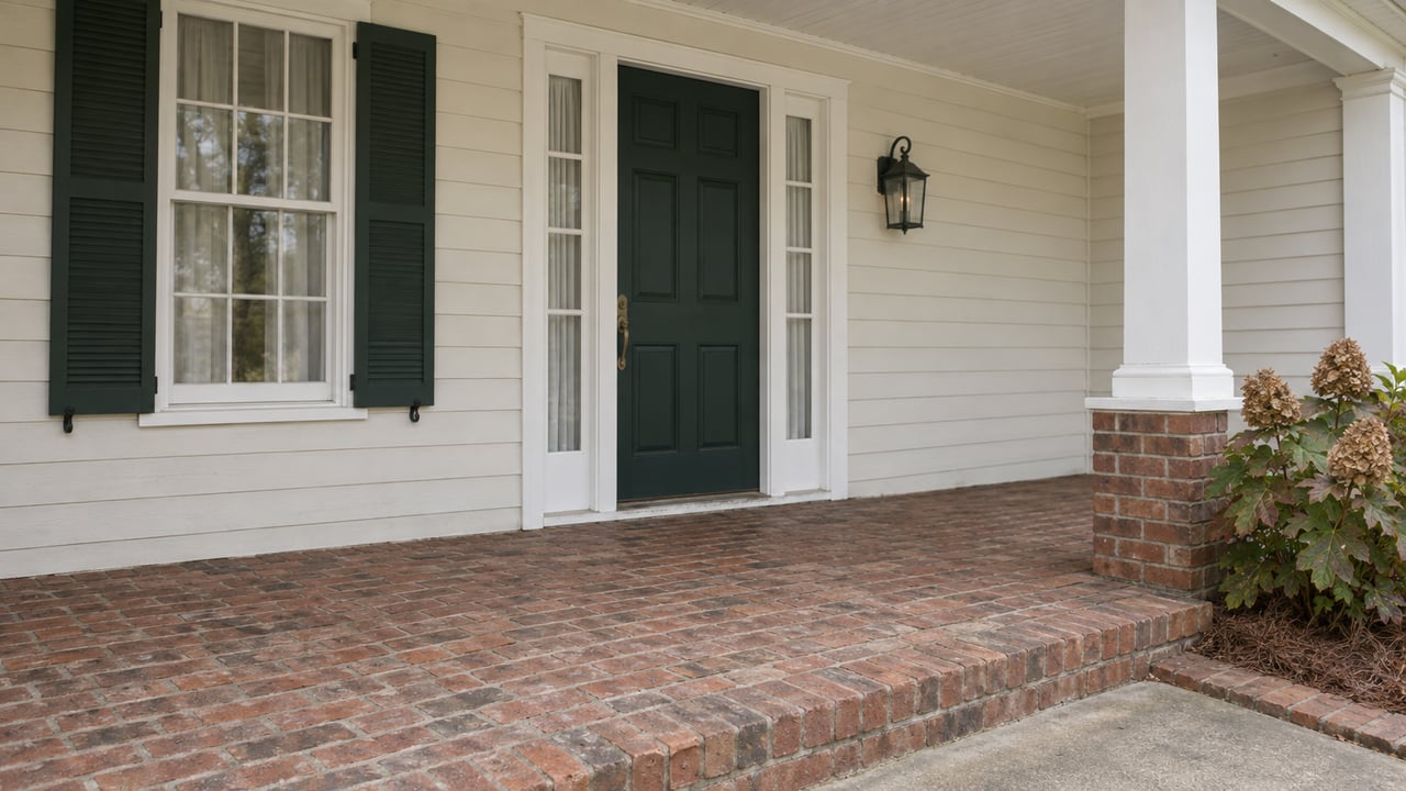 Home entrance with a dark green door, matching shutters, and a brick porch.