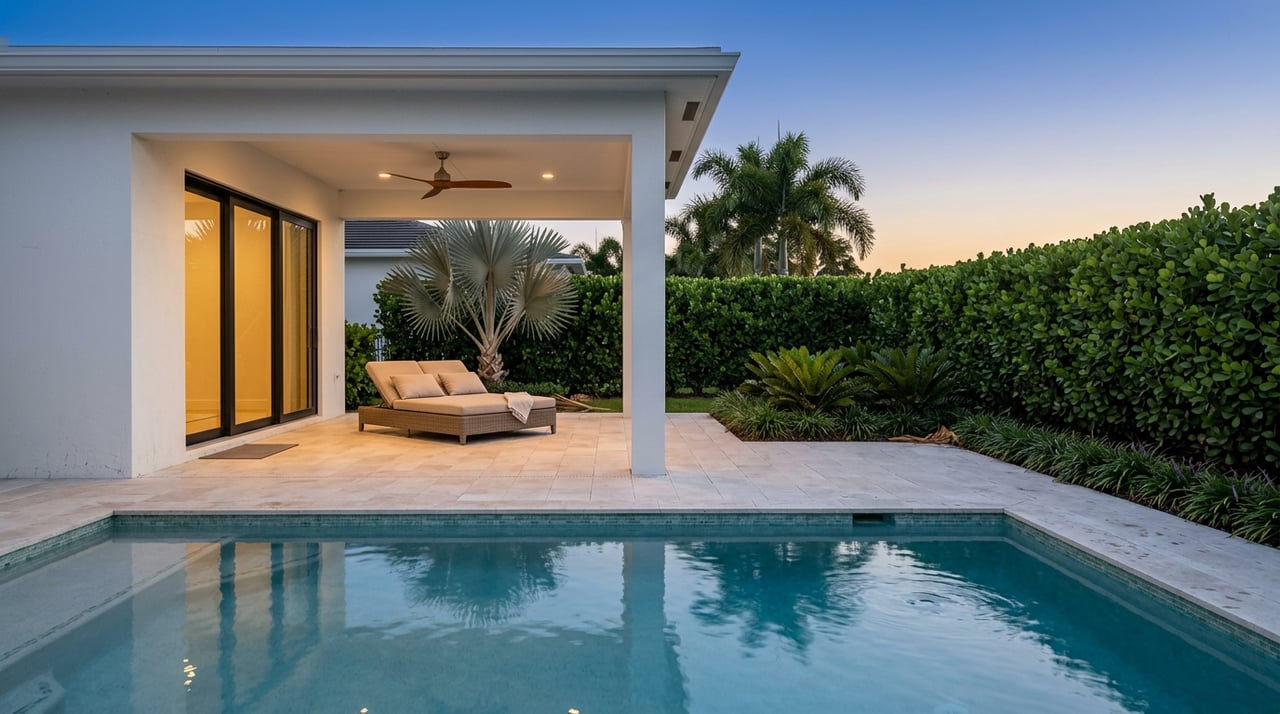 Dusk pool terrace with a covered lanai, warm-lit glass sliders, and a silver-blue palm beside a clipped hedge.
