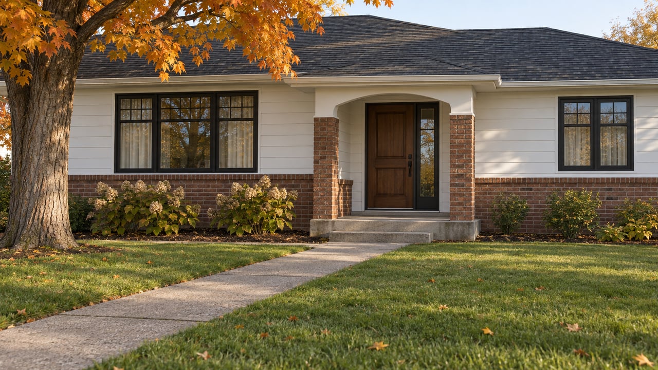 White-sided ranch home with a brick arched entry, black-framed windows, autumn maple foliage and a concrete walk across the front lawn.