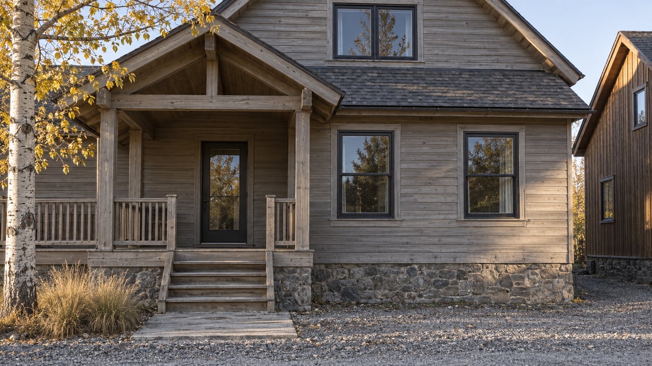 Two-story timber house with a covered porch, stone foundation, gravel approach, and yellowing aspen at the edge.