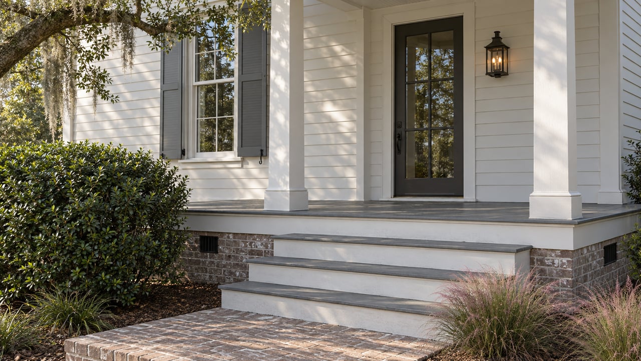 Raised porch with slate-gray shutters, glazed door, timber steps, and a warm-gray brick foundation.