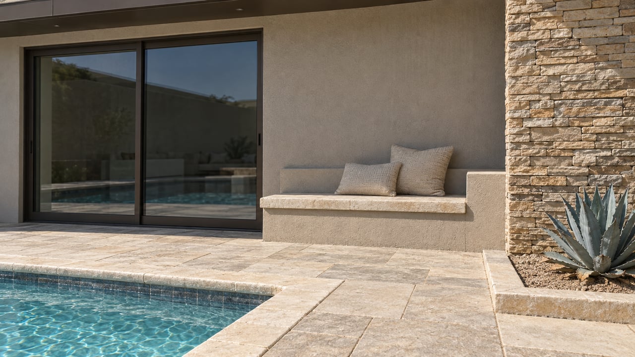 Close view of a warm-gray stucco terrace with bronze-framed glass doors, a stone bench, an agave and a limestone-edged pool.