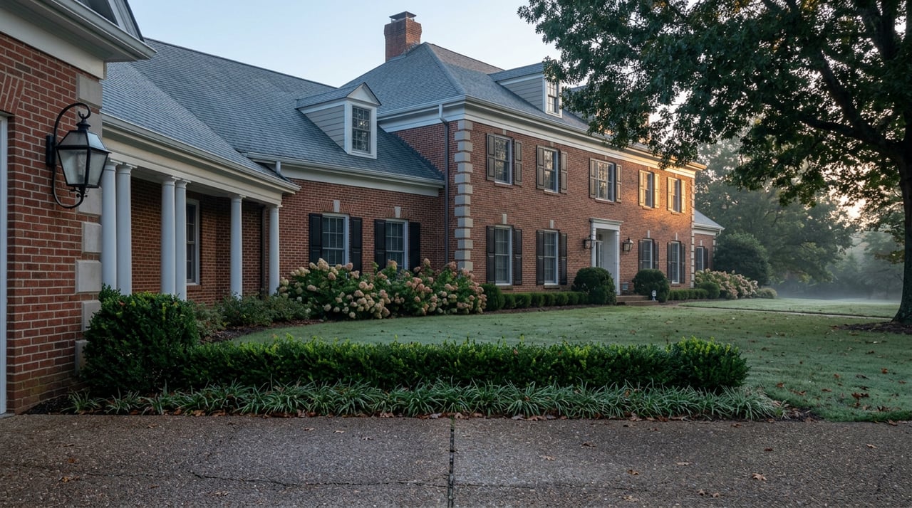 Brick colonial home with black shutters and white cornice beyond a clipped boxwood hedge, beneath a mature oak.