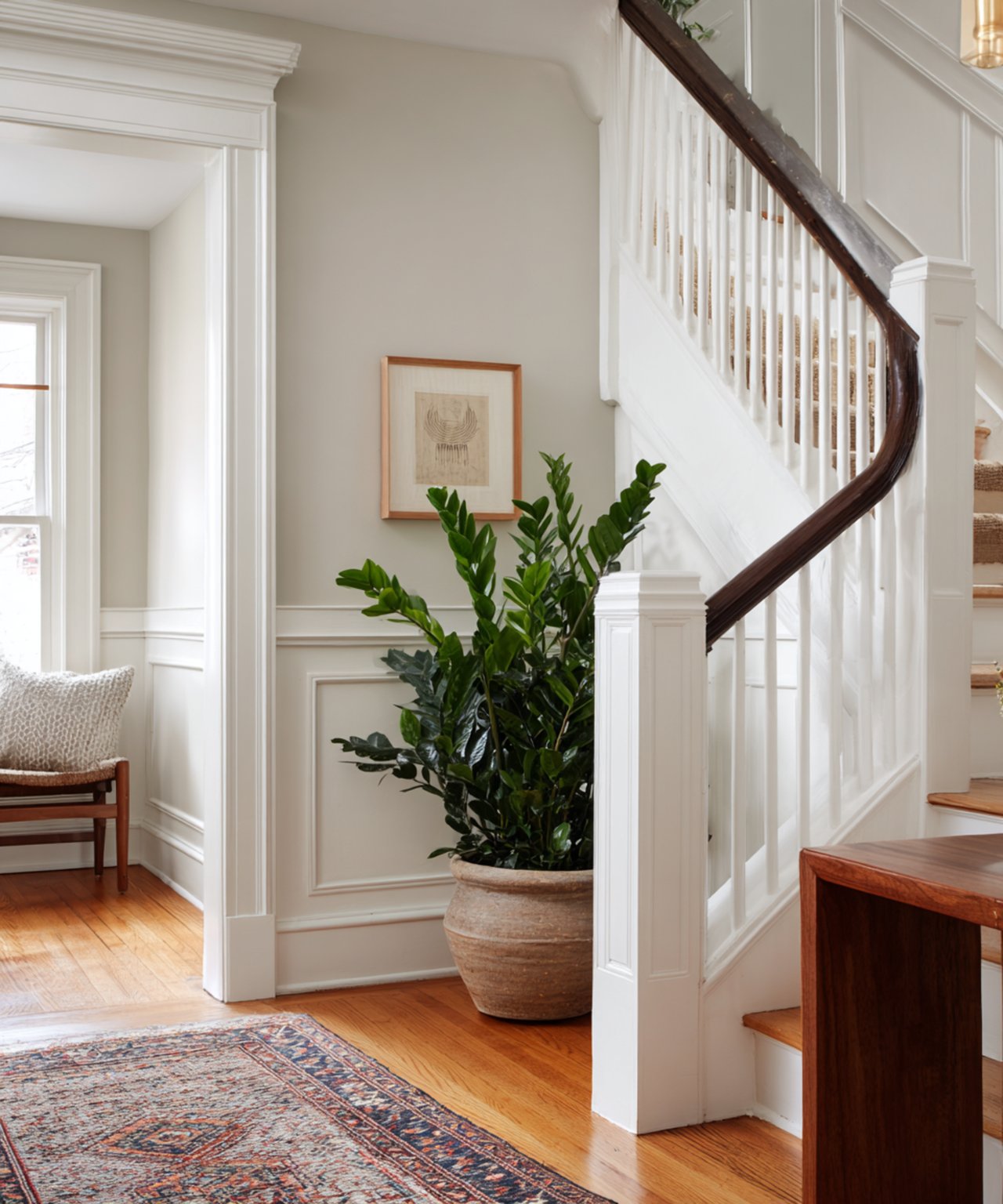 Entry hall with a white staircase, dark wood handrail, hardwood floors, and a large potted plant.