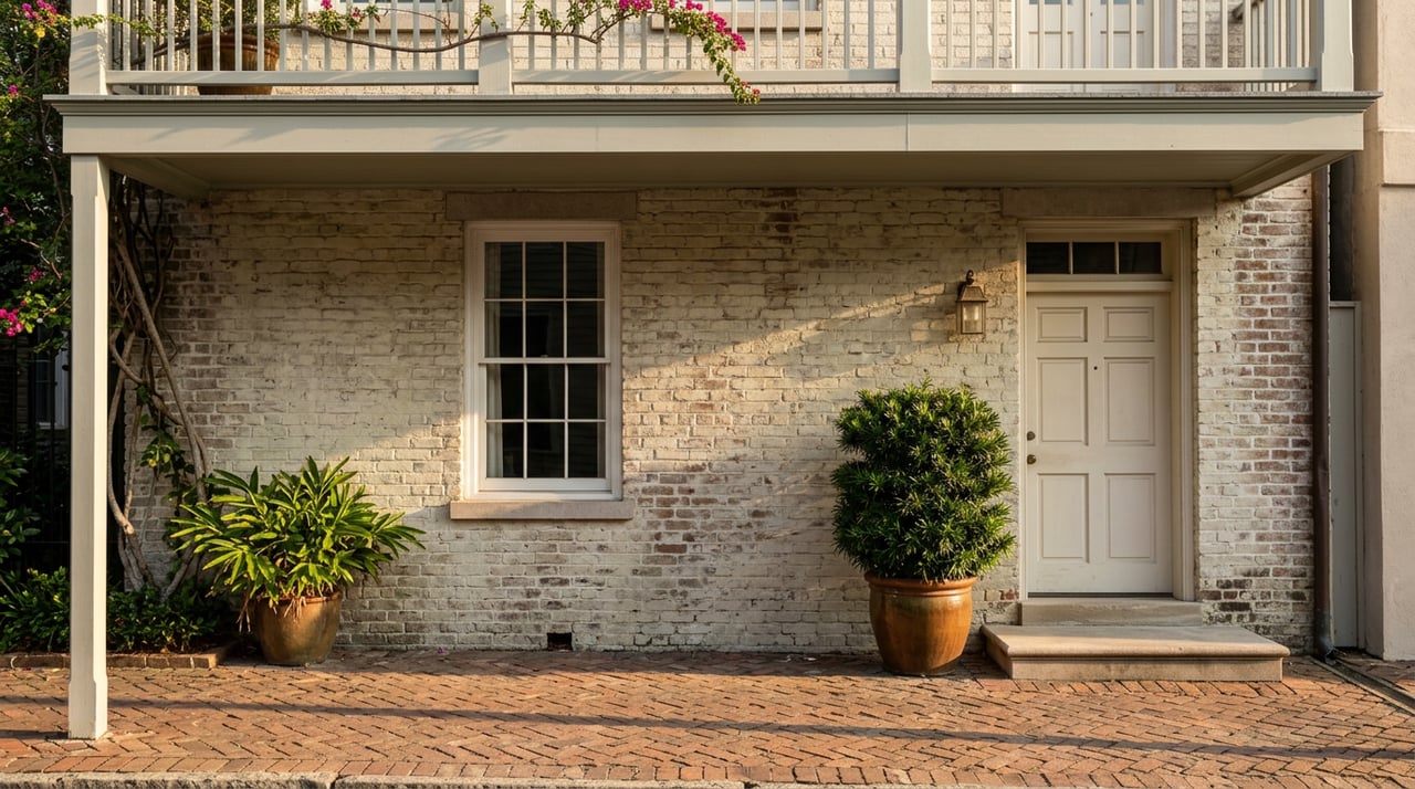 Masonry townhouse entry with paneled door, balcony railing, brick stoop, and terracotta planters of clipped greenery.