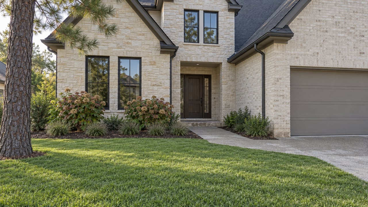 Light limestone and warm-white brick home with dark gables, a sheltered oak entry and a deep green front lawn edged by oakleaf hydrangeas.