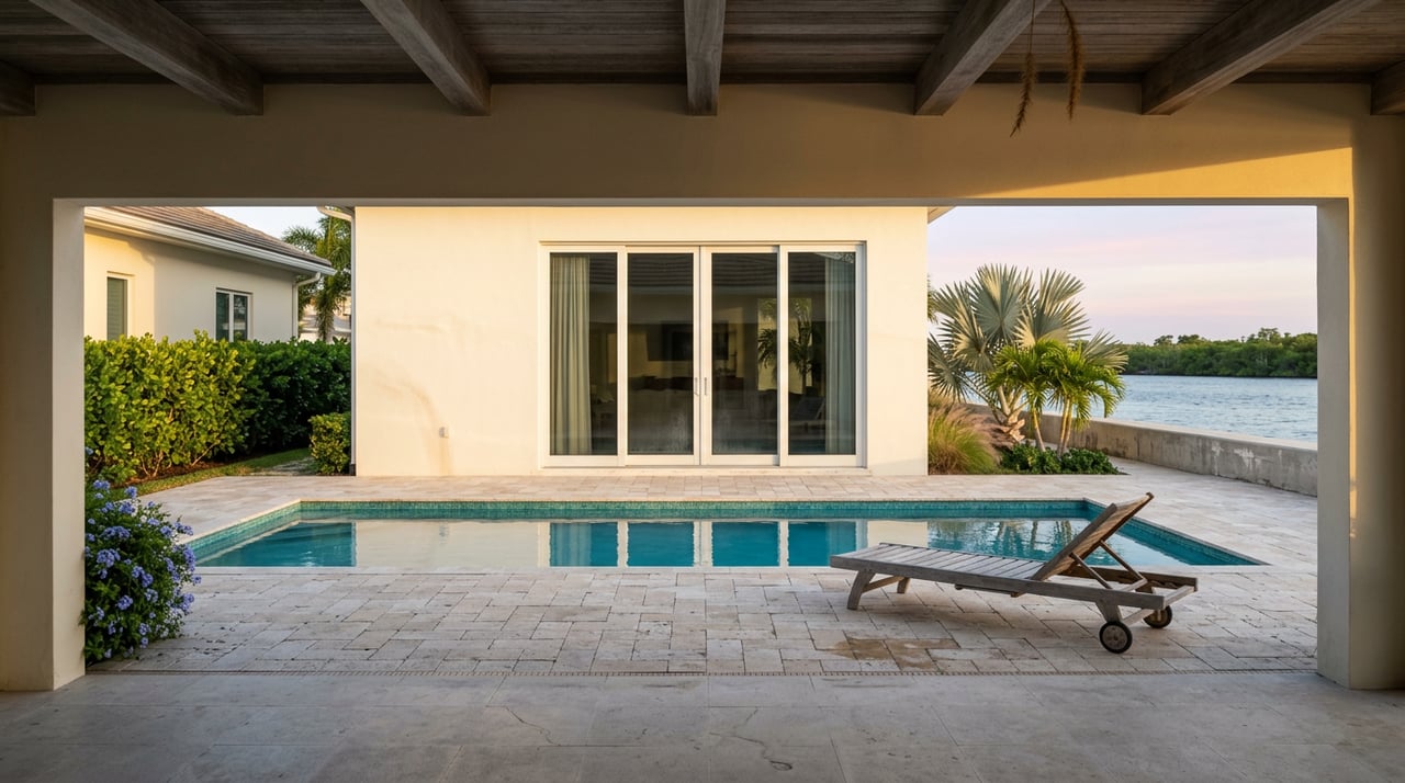 Pool terrace with a teak chaise, silver-blue palm, seawall, and canal beyond.