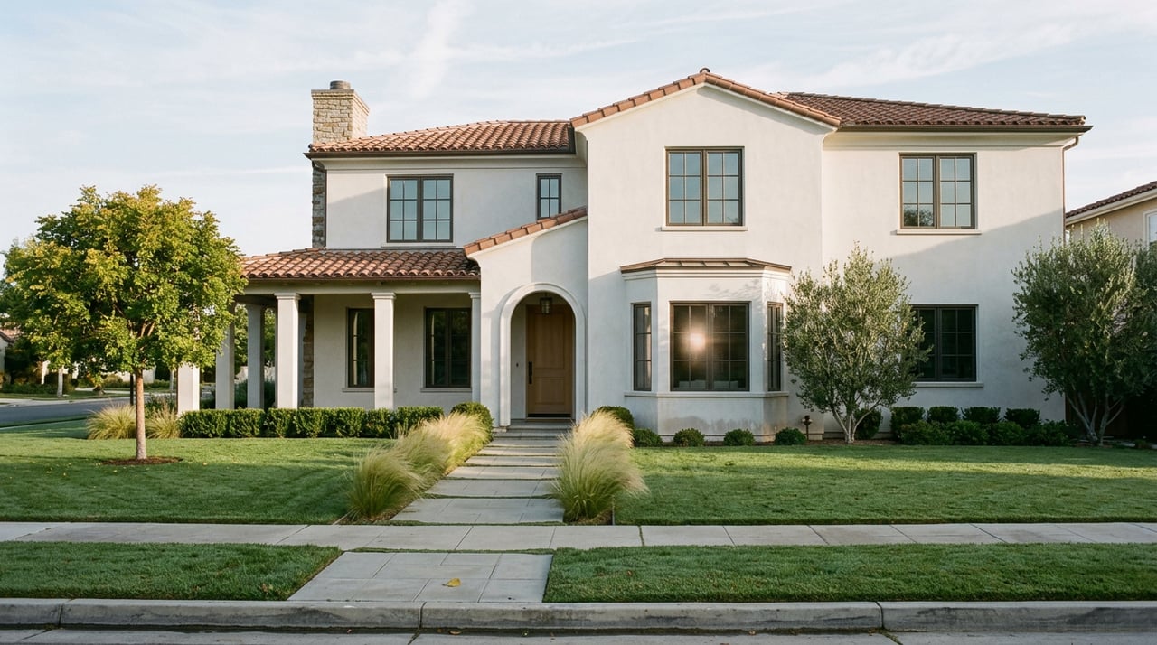 Two-story stucco home with a terracotta tile roof, arched entry, and paver walkway across a deep lawn.