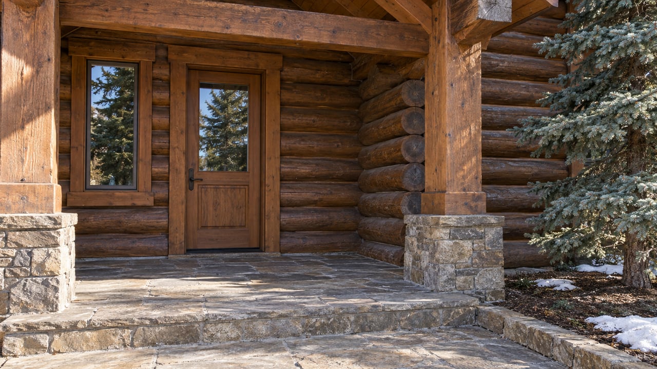 Sunlit log-home entrance with timber porch beams, a quartzite landing, and traces of snow beneath an evergreen.