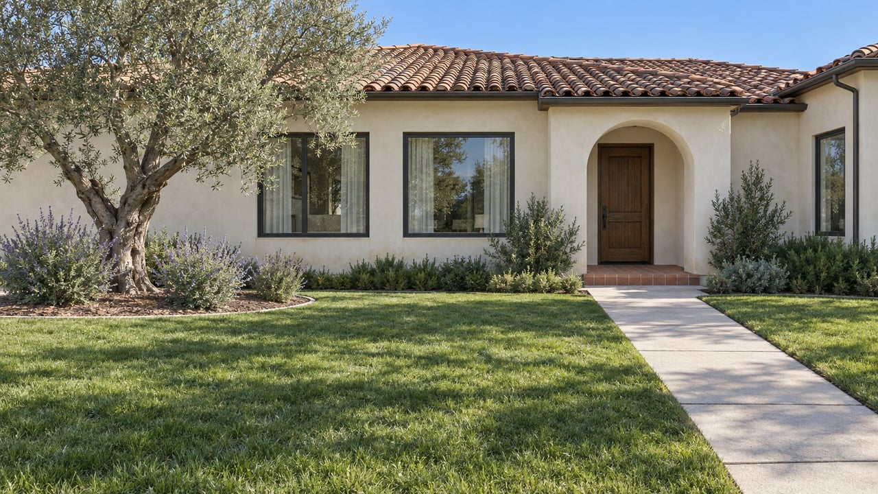 Morning light on a cream stucco home with a terracotta roof, arched entry, deep front lawn, and mature olive tree.