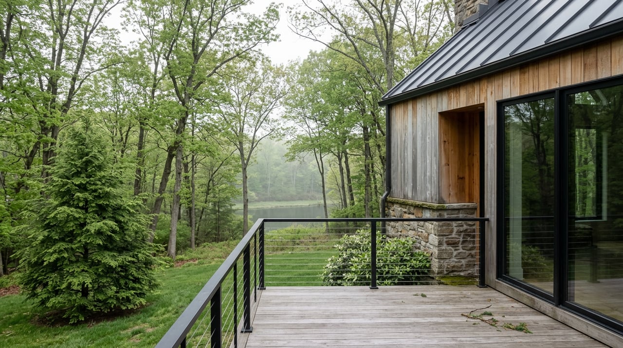 Cedar-and-glass home beside a raised deck, overlooking a wooded slope and a narrow glimpse of water.