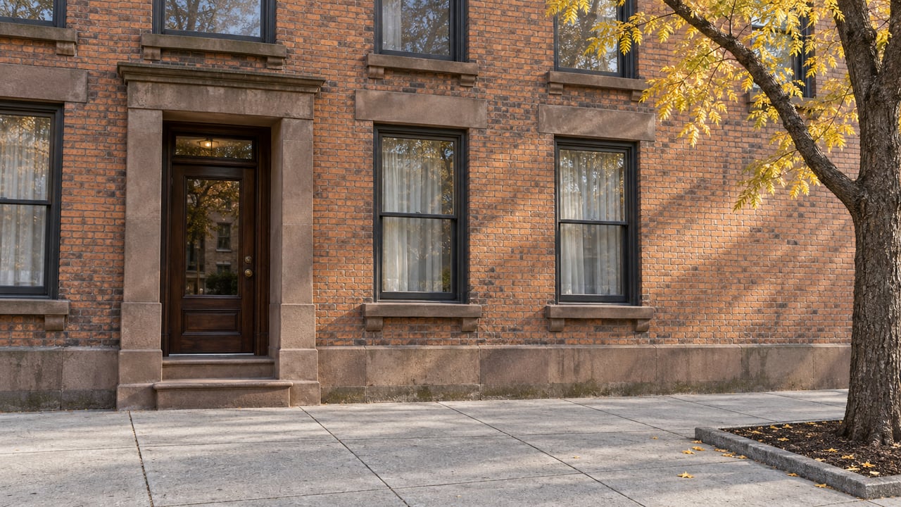 Warm brick apartment frontage with worn sandstone entry steps, tall sash windows and a broad concrete sidewalk beneath yellow honey locust leaves.