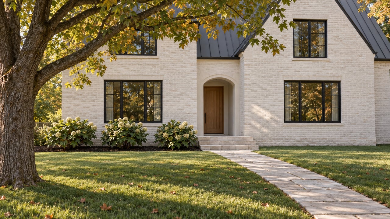 White-brick two-story house with a recessed oak door, limestone path across the lawn, and mature oak canopy.