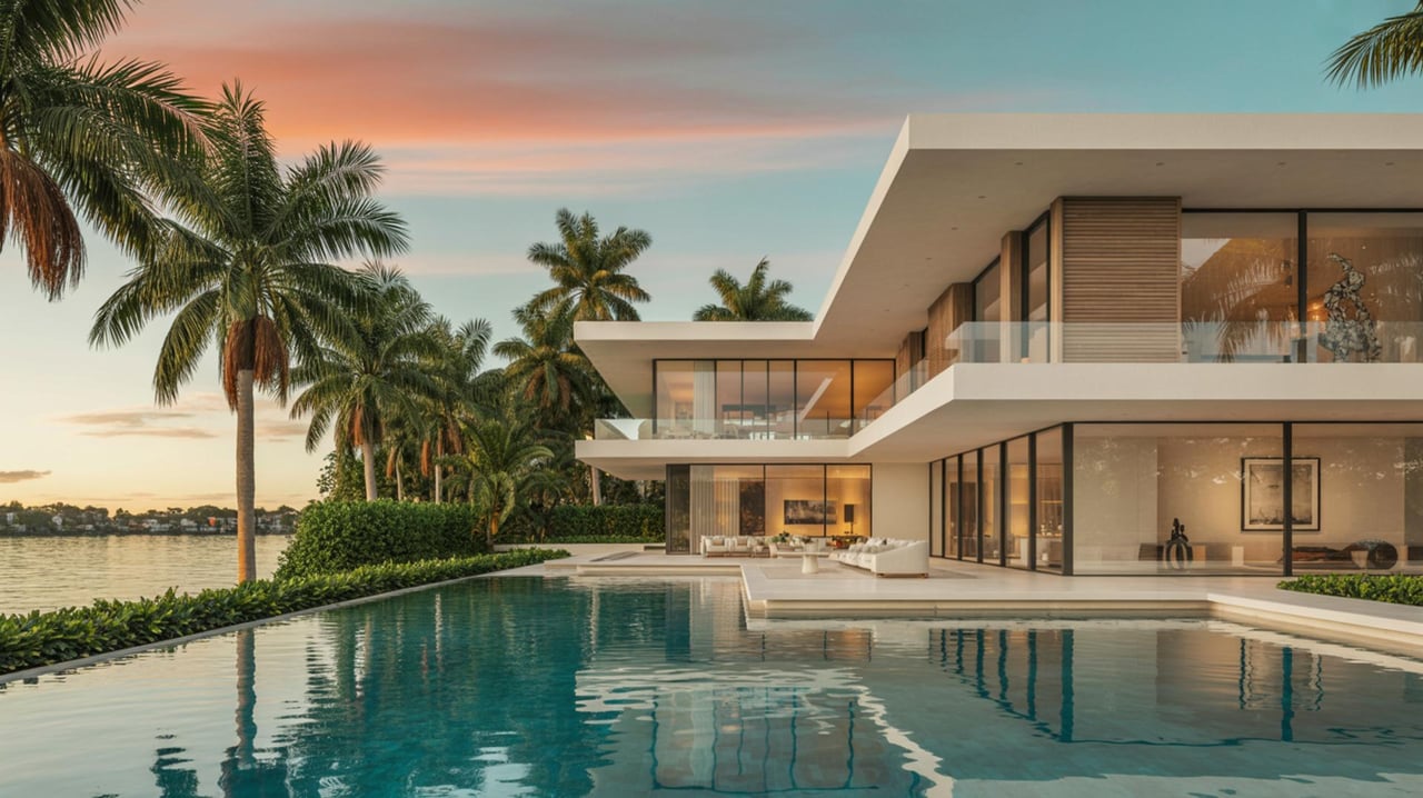 Modern glass-fronted villa beside a reflecting pool, with palms and calm water at sunset.