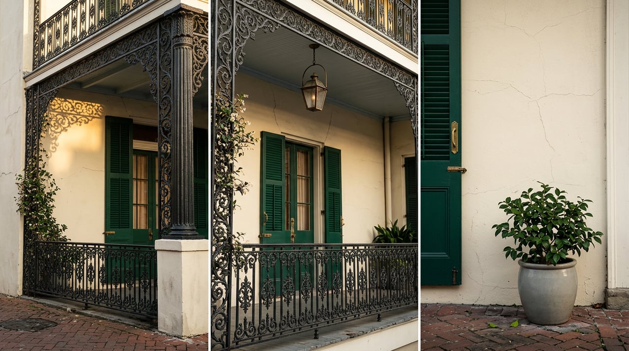 Cast-iron gallery with lace balustrade, emerald French doors, and a potted camellia beside an ivory stucco wall.