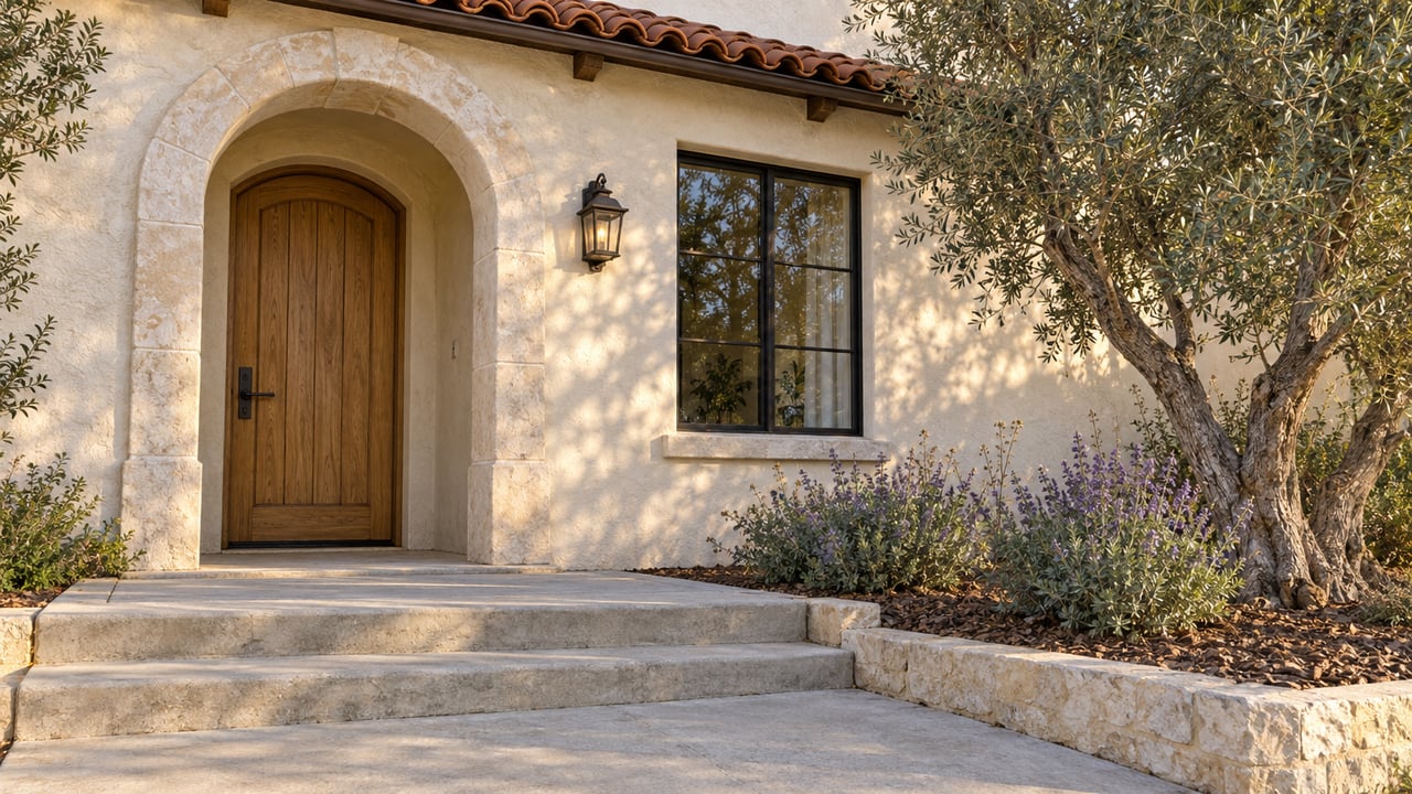 Sunlit ivory stucco home entrance with a limestone arch, oak door, clay roof tiles and a silvery olive tree beside broad concrete steps.