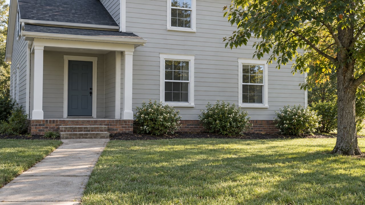Modest two-story gray-sided home with a blue-gray door, deep lawn, concrete walk, and mature tree.