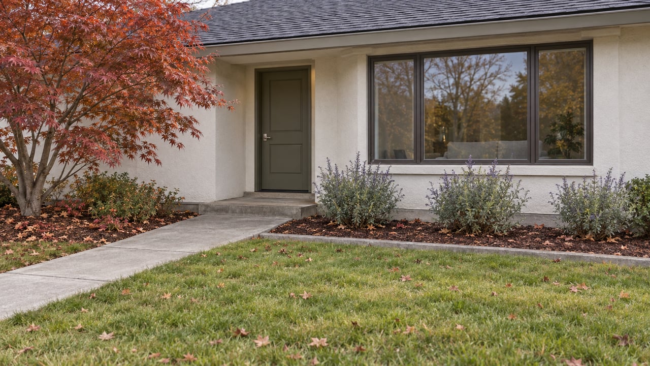 An updated single-story home with an olive front door, broad window, autumn maple and a concrete path across the lawn.