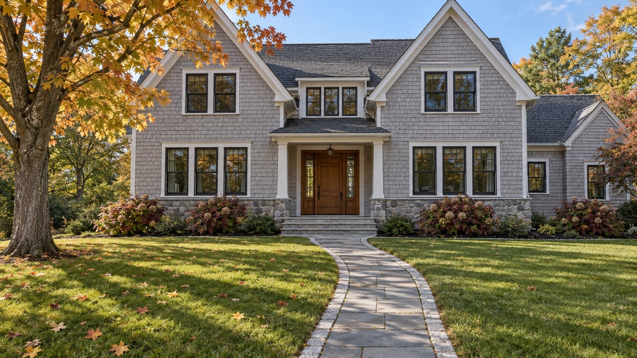 Silver-gray shingled home with steep gables, a stone approach, deep green lawn, and a mature maple in autumn color.