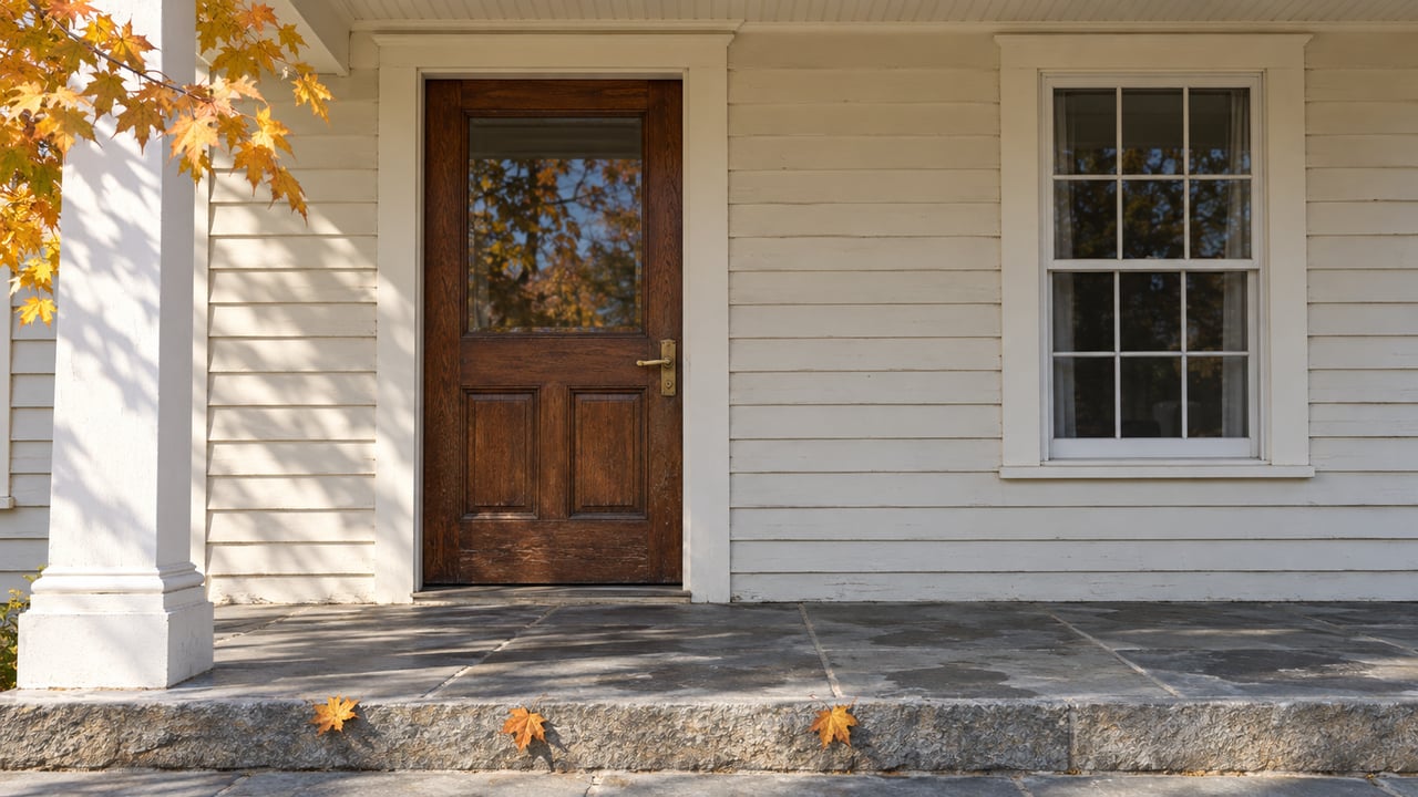 Autumn sunlight on an ivory clapboard entry with an oak door, divided-light window and weathered bluestone steps.