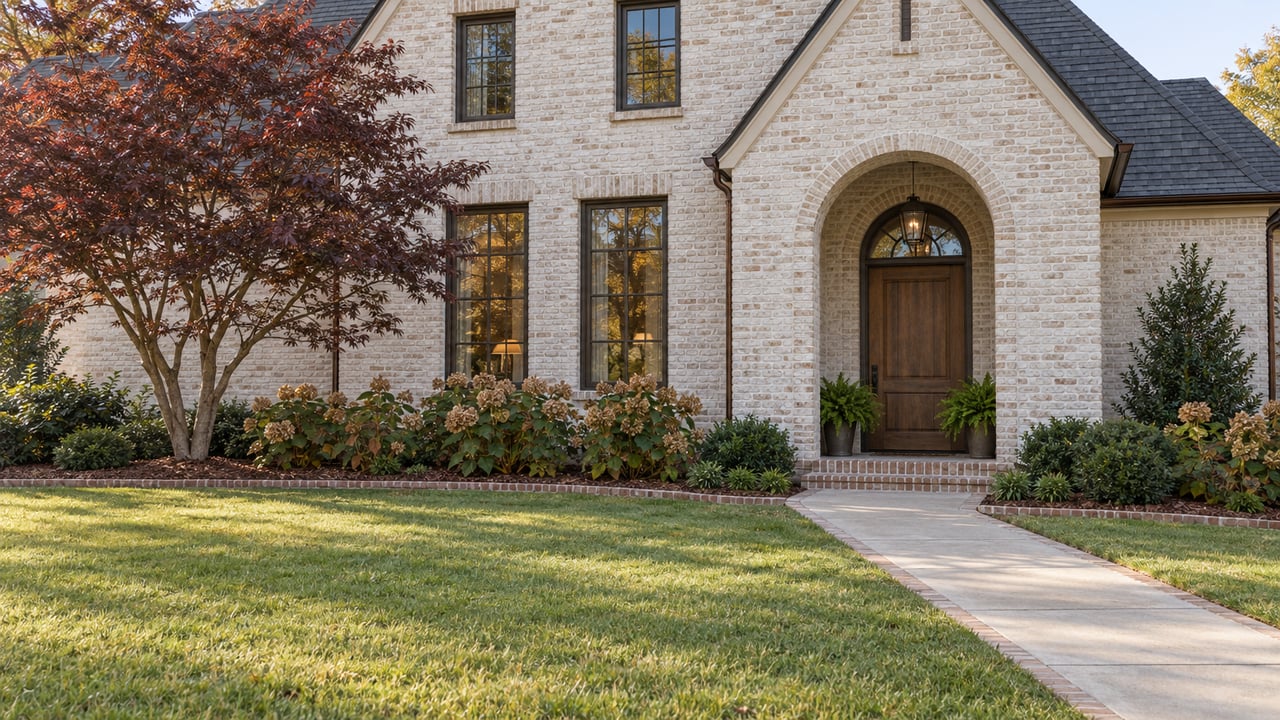 Ivory brick home with an arched oak entry, tall windows and an established autumn garden beyond a deep front lawn.