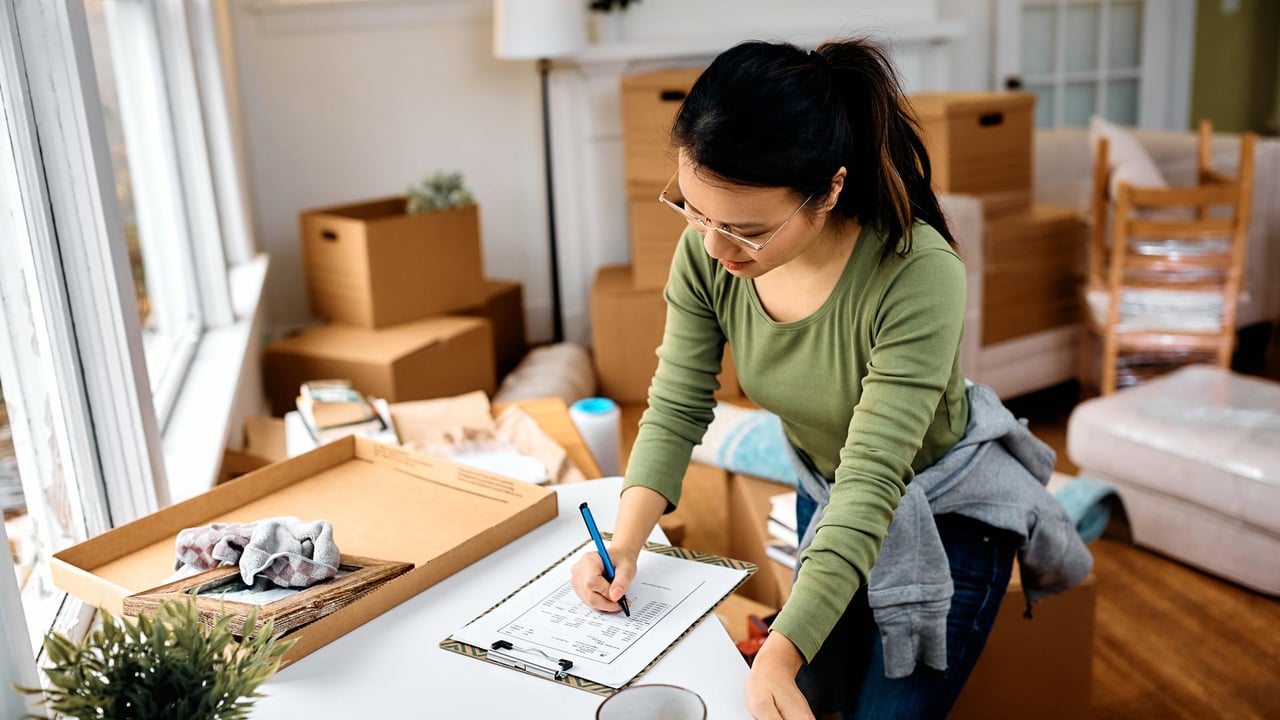A homeowner organizing an inventory checklist on a clipboard surrounded by packed moving boxes, illustrating how to prepare a house for sale in Ontario before going to market.