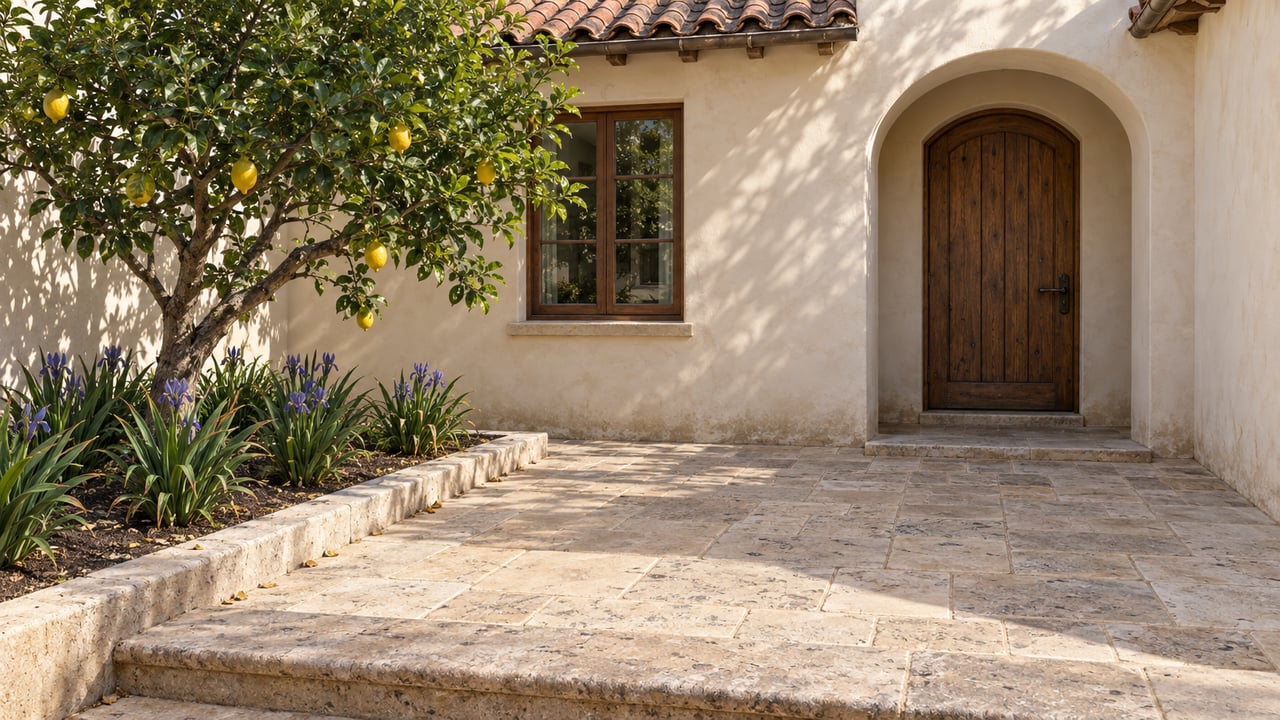 Sunlit stucco home entrance with a recessed walnut door, terracotta roof, limestone courtyard and lemon tree.