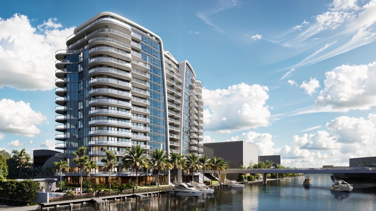 Ocean 580 tower exterior rendering beside the beach in Pompano Beach.