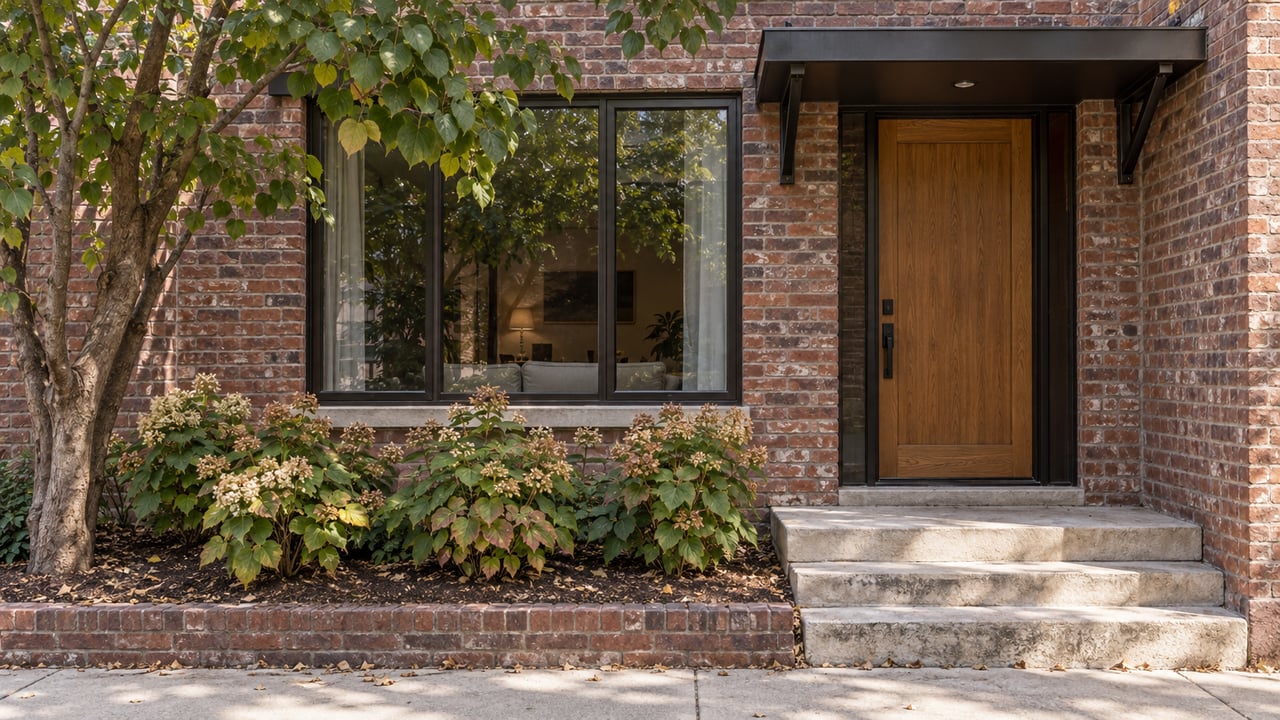 Recessed oak entry in a reddish-brown brick home, beside a tall window and a small bed with leafy plants.