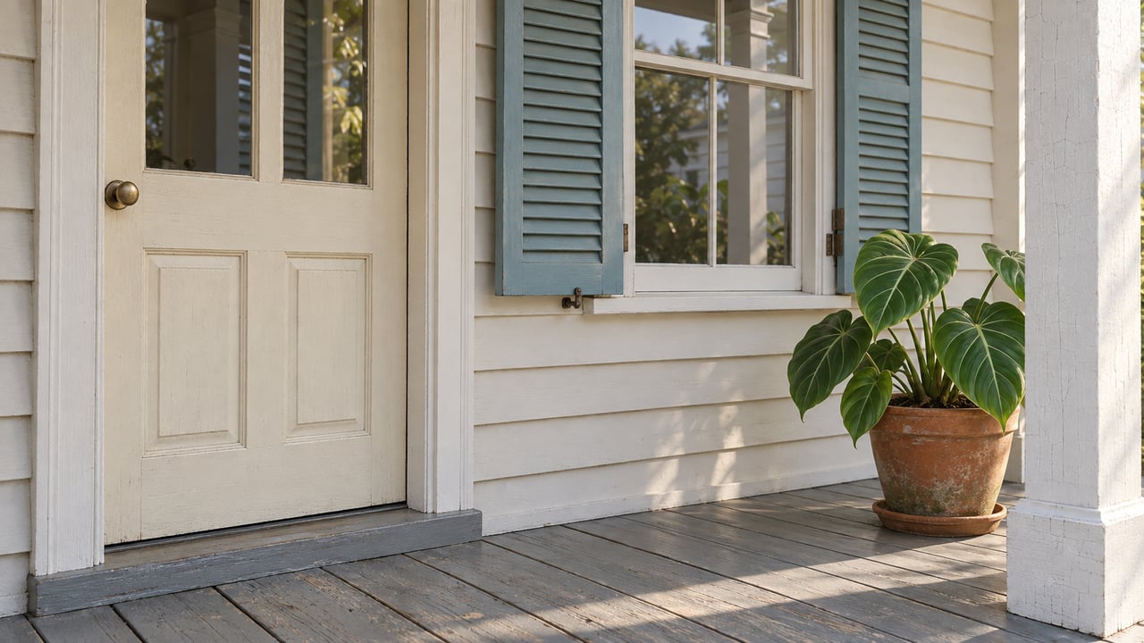House entrance with blue-gray shutters, a paneled door, and a potted plant on the porch.