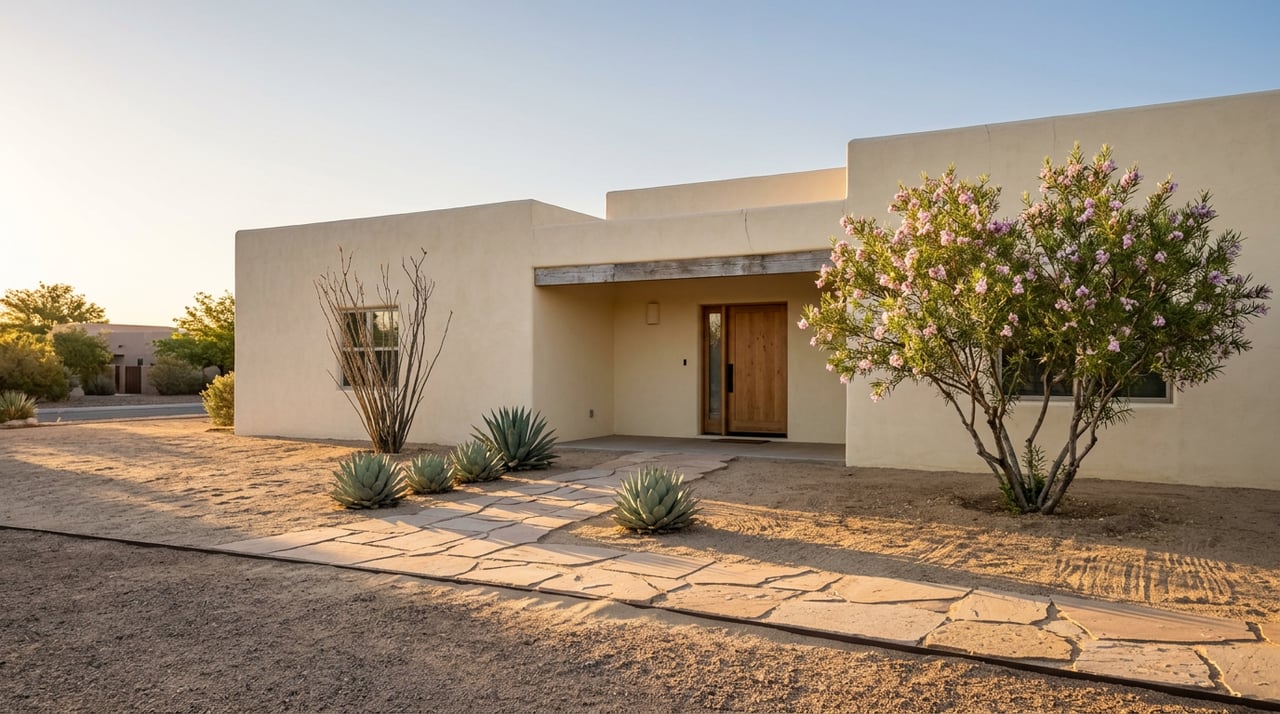 Stucco home beyond a gravel yard, with a flagstone path, desert willow, agaves, and ocotillo.