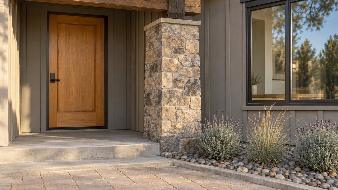 Warm wood door and stone porch pier beside a bronze-framed window, with lavender and Idaho fescue in an edged river-rock bed.