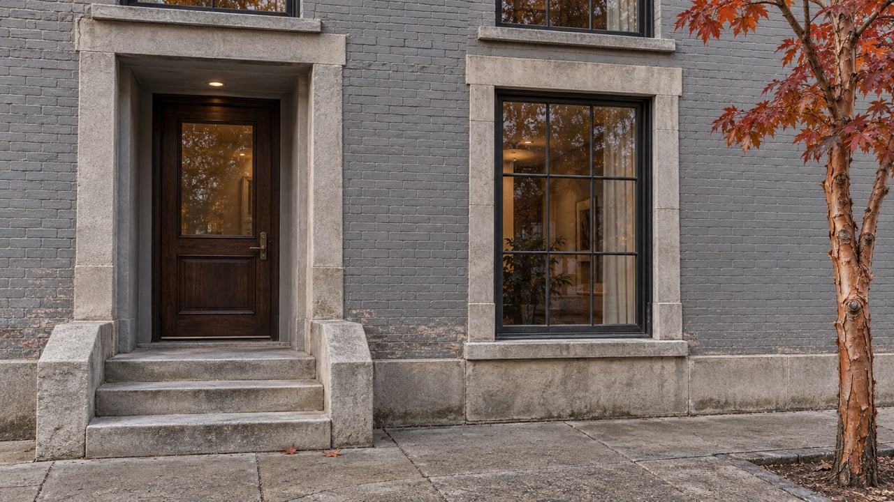Gray masonry townhouse entrance with worn limestone steps, black divided-light windows and a copper-barked tree at the sidewalk edge.