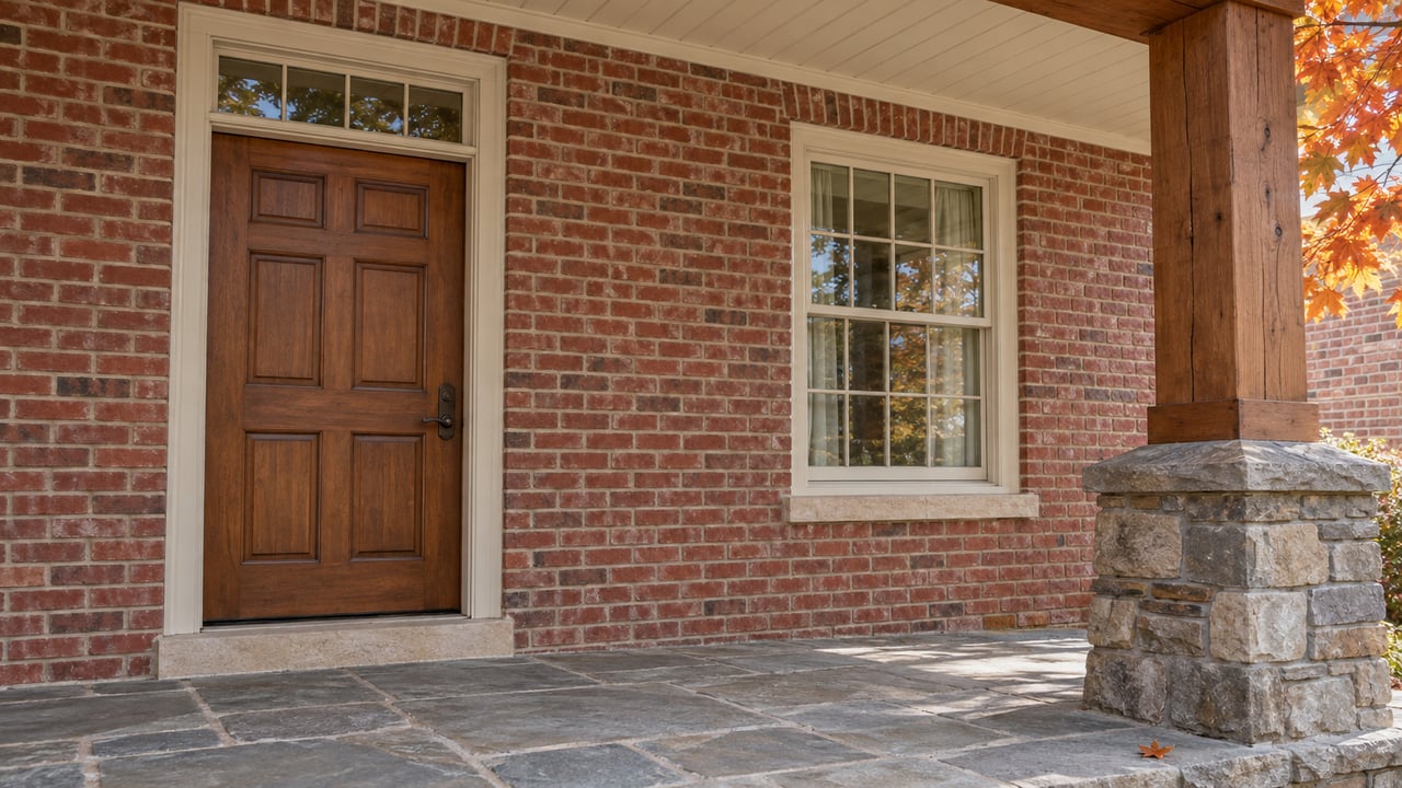 Red-brick home entry with a stained oak door, gray flagstone porch and stone-based timber support beside orange maple leaves.