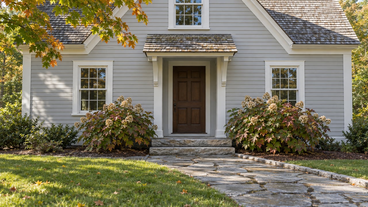 Gray clapboard home with divided-light windows, a sheltered wood entrance, granite steps, and autumn foliage beside a flagstone walk.