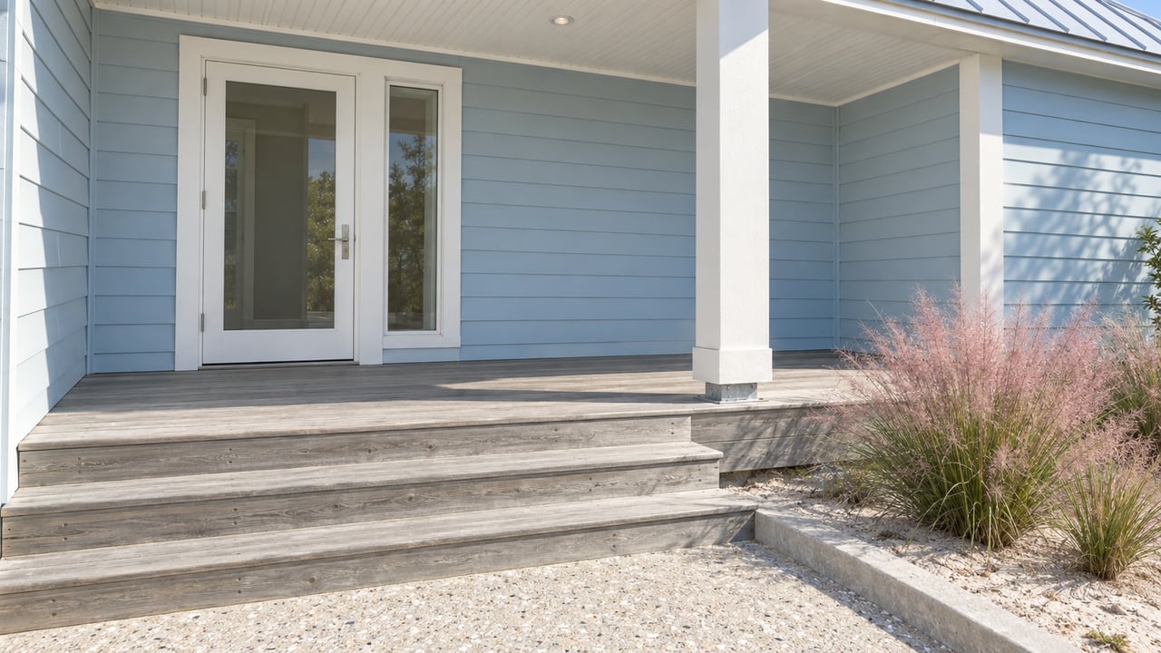 Pale blue cottage entry with sun-weathered timber steps, a glazed white door, and two pink muhly grass clumps beside a shell-concrete approach.
