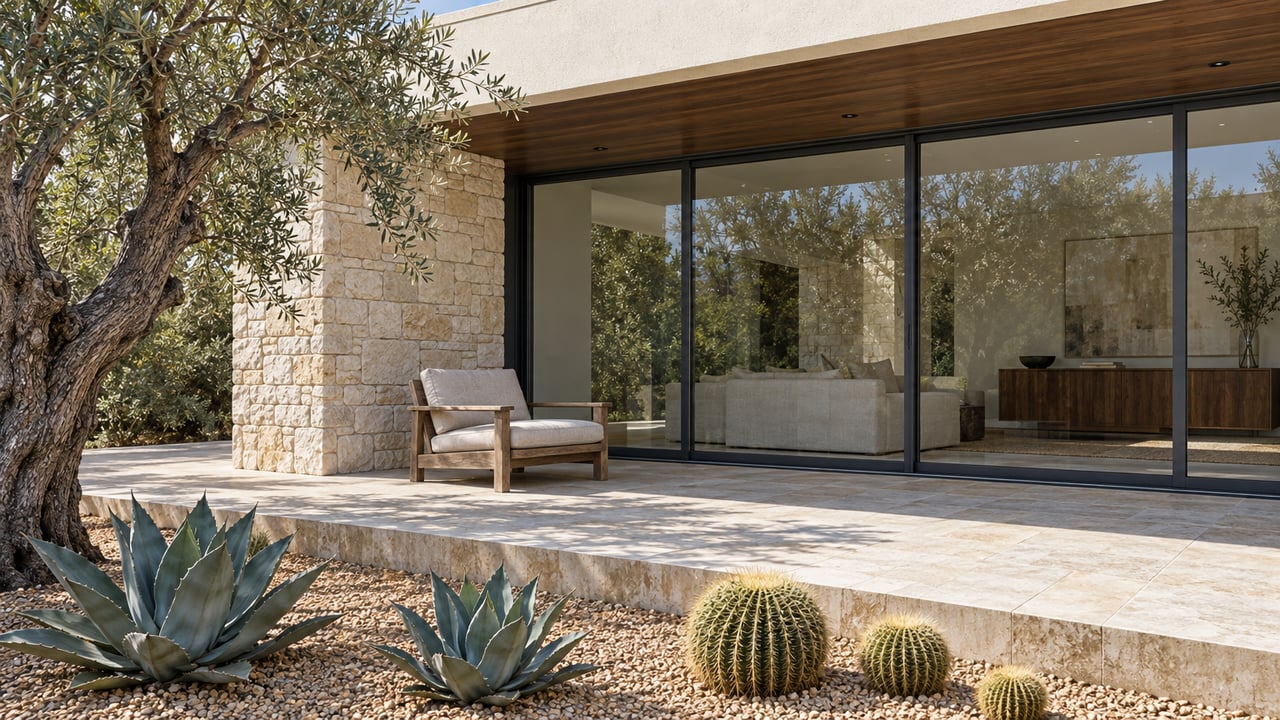 A sunlit modern home's covered limestone terrace with dark-framed sliding glass, a teak chair, an olive tree and sculptural desert plants.