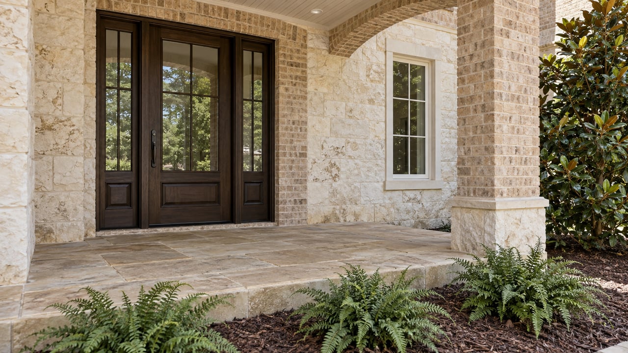 Covered sandstone porch with a tall walnut entry, paired glazed sidelights, buff brick arch and cream limestone beside magnolia foliage and ferns.