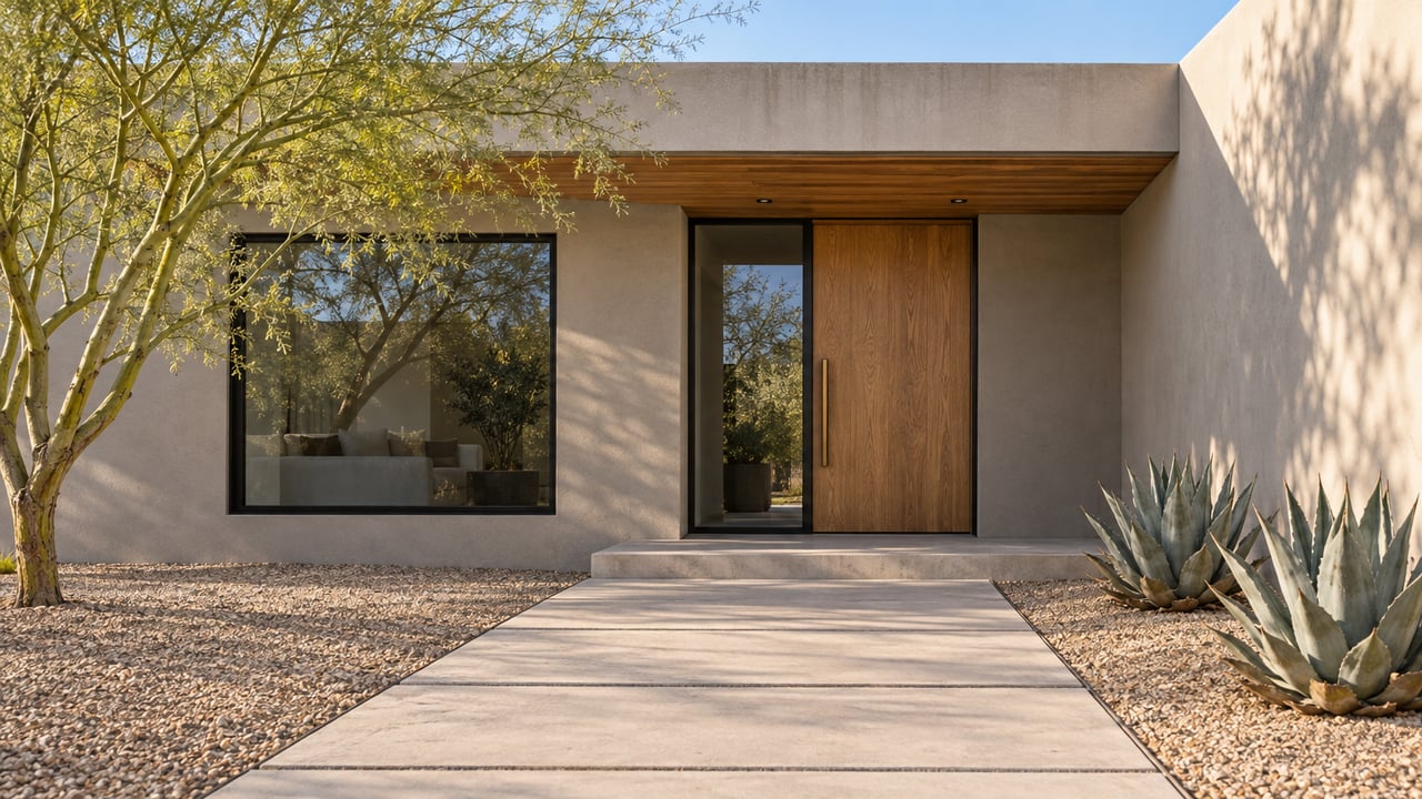 Desert-modern home with warm gray stucco, an oak entry door, a pale concrete approach, a blue palo verde tree and two blue-gray agaves.